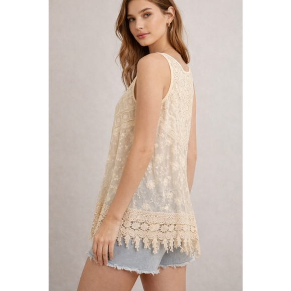 Haute Monde Boho Lace Tank Top Cream Crochet Fringe Hem Sheer Floral Size M
Dres - Picture 8 of 11